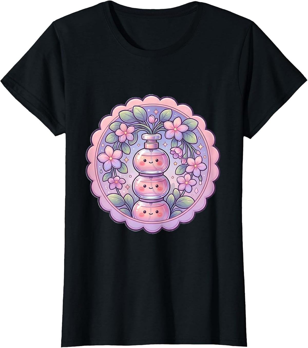 Gigi Perfume Bottles and Cascading Flowers T-Shirt - Black