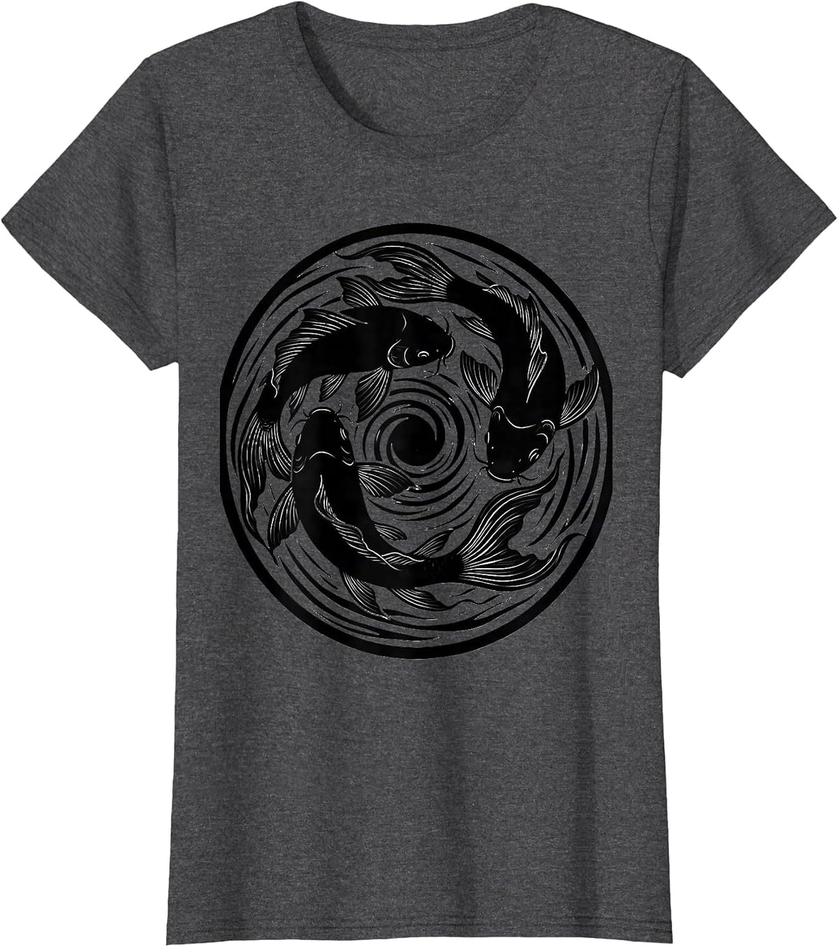 Women's Koi Fish Swirling Circular Pond Graphic T-Shirt - Dark Heather Grey