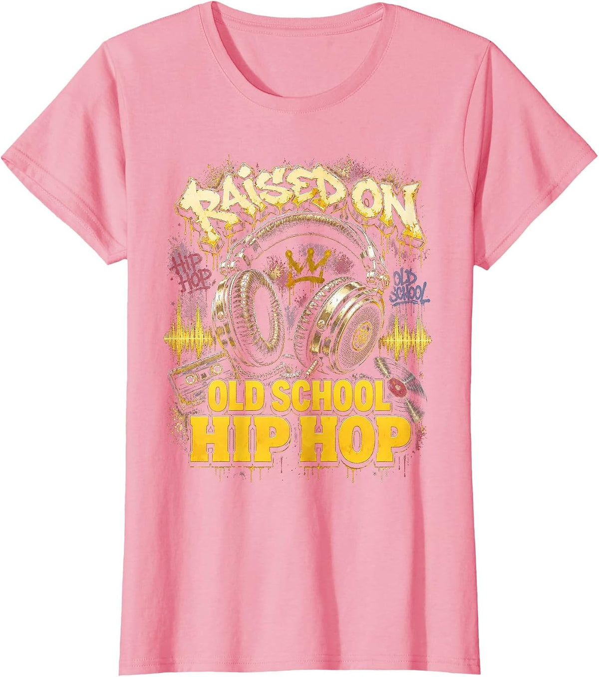 Raised On Old School Hip Hop Cassette Graffiti Rap T-Shirt, Women, Pink, Large - As Pictured