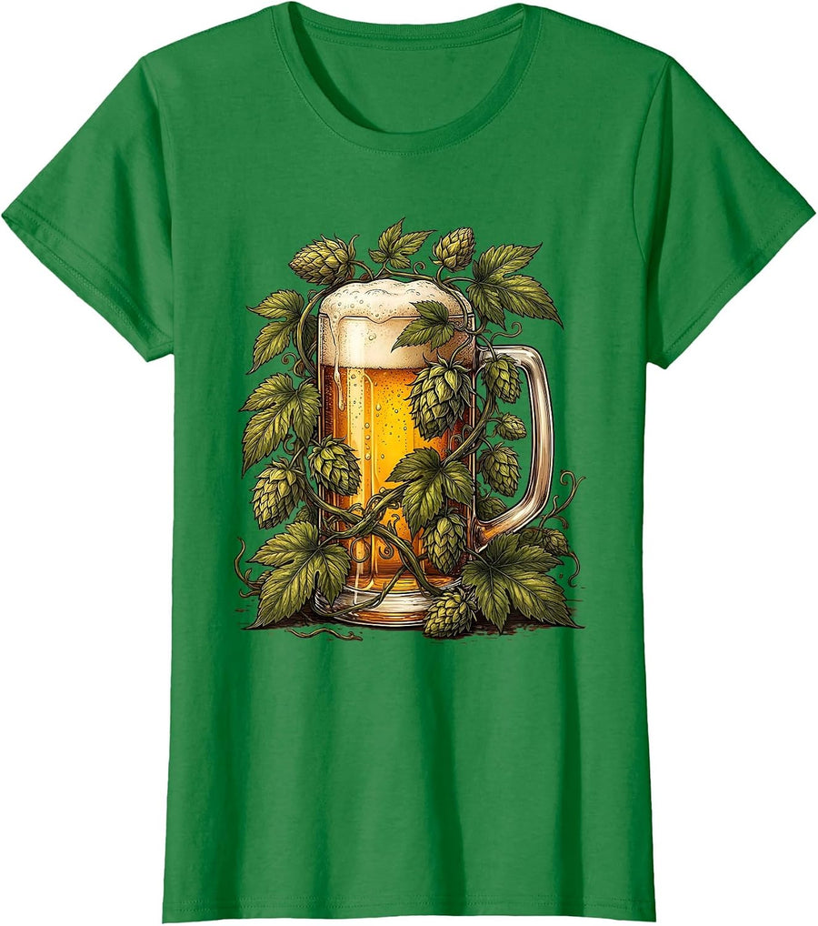 Women's Hop Vine Pint Glass Beer Lover Graphic Tee T-Shirt - Kelly Green