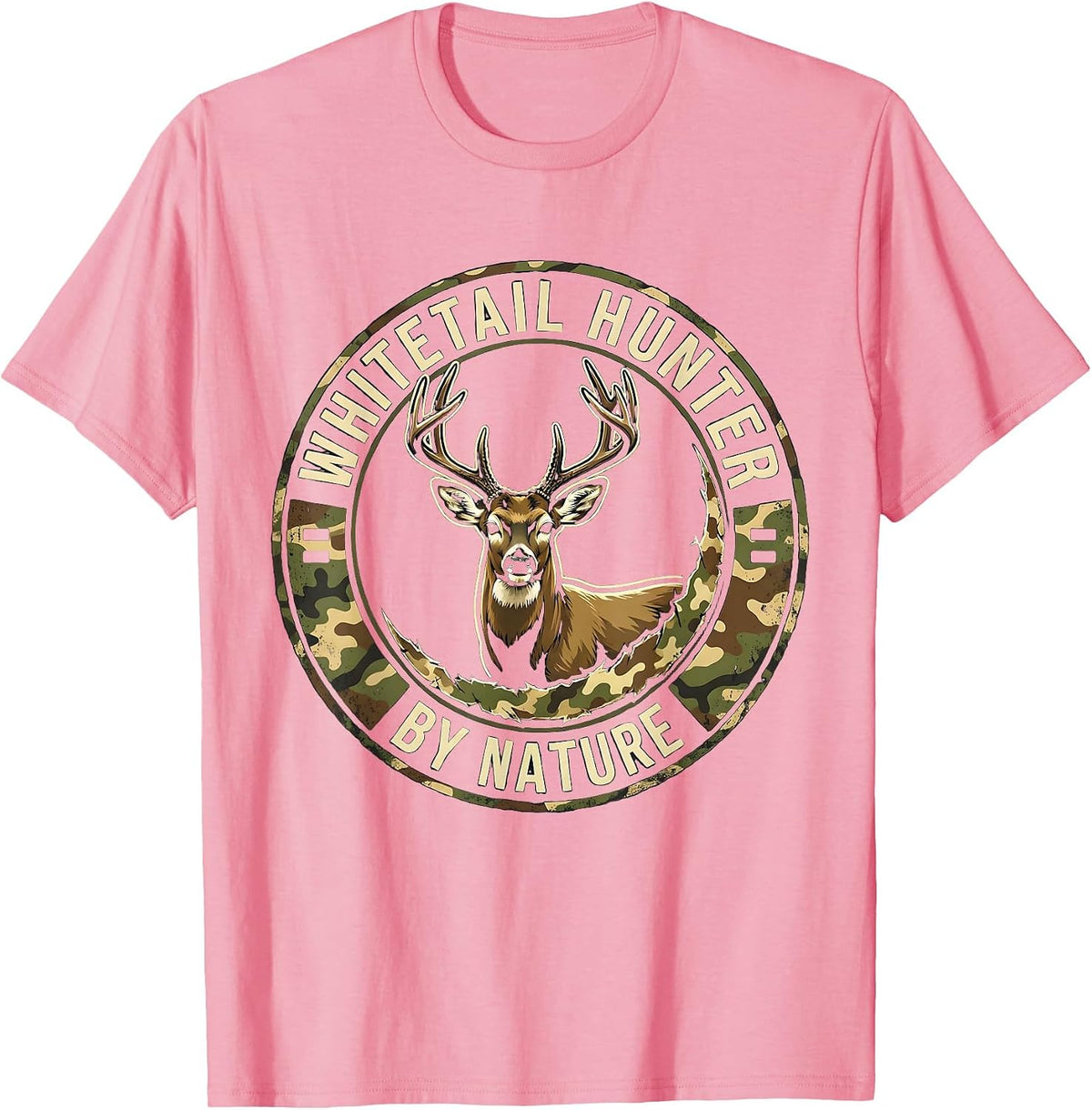 Men's Whitetail Hunter By Nature Distressed Camo Dad Humor T-Shirt - Pink