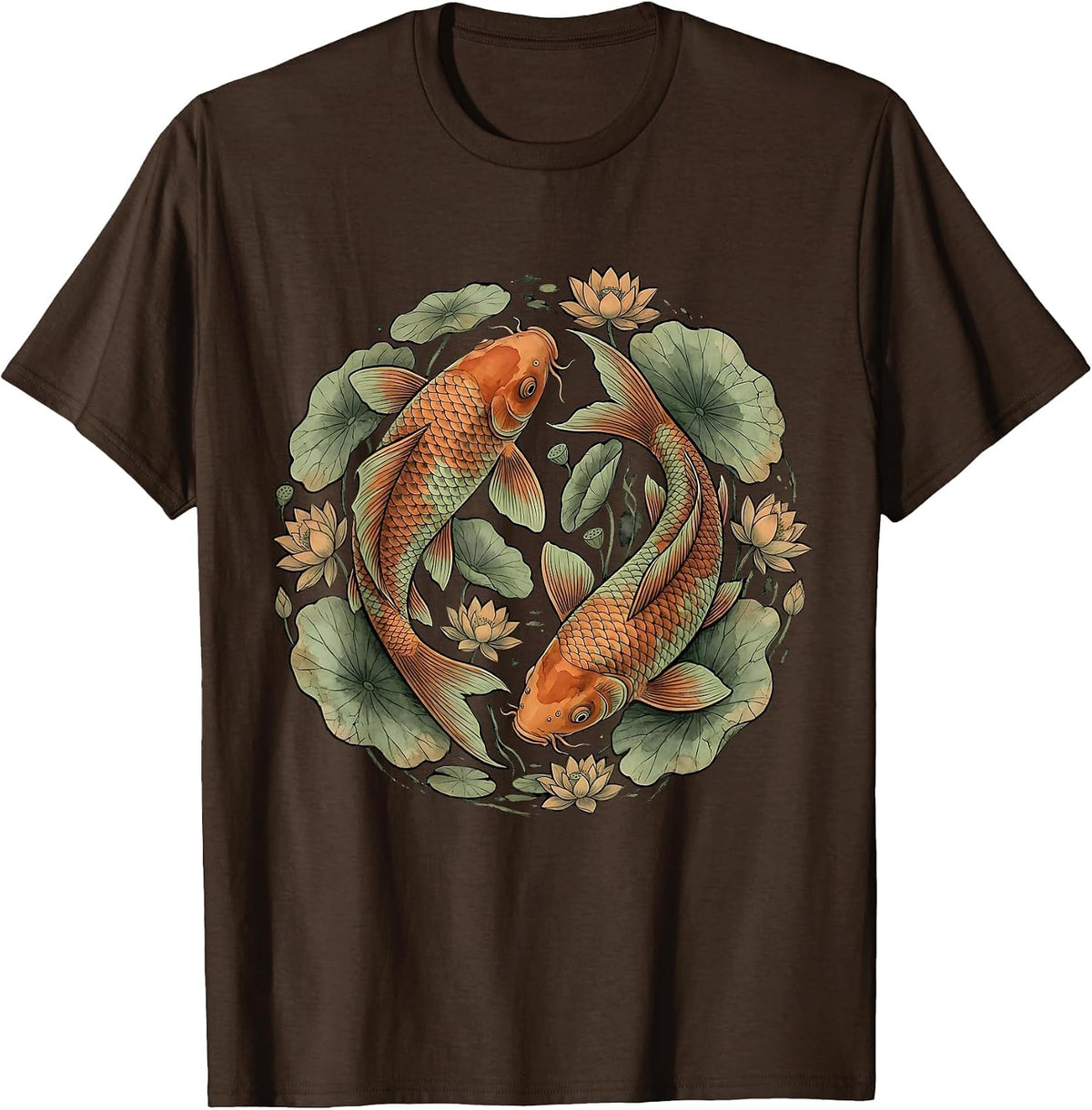 Colorful Koi Fish and Lily Pads Hawaiian Design T-Shirt - Brown