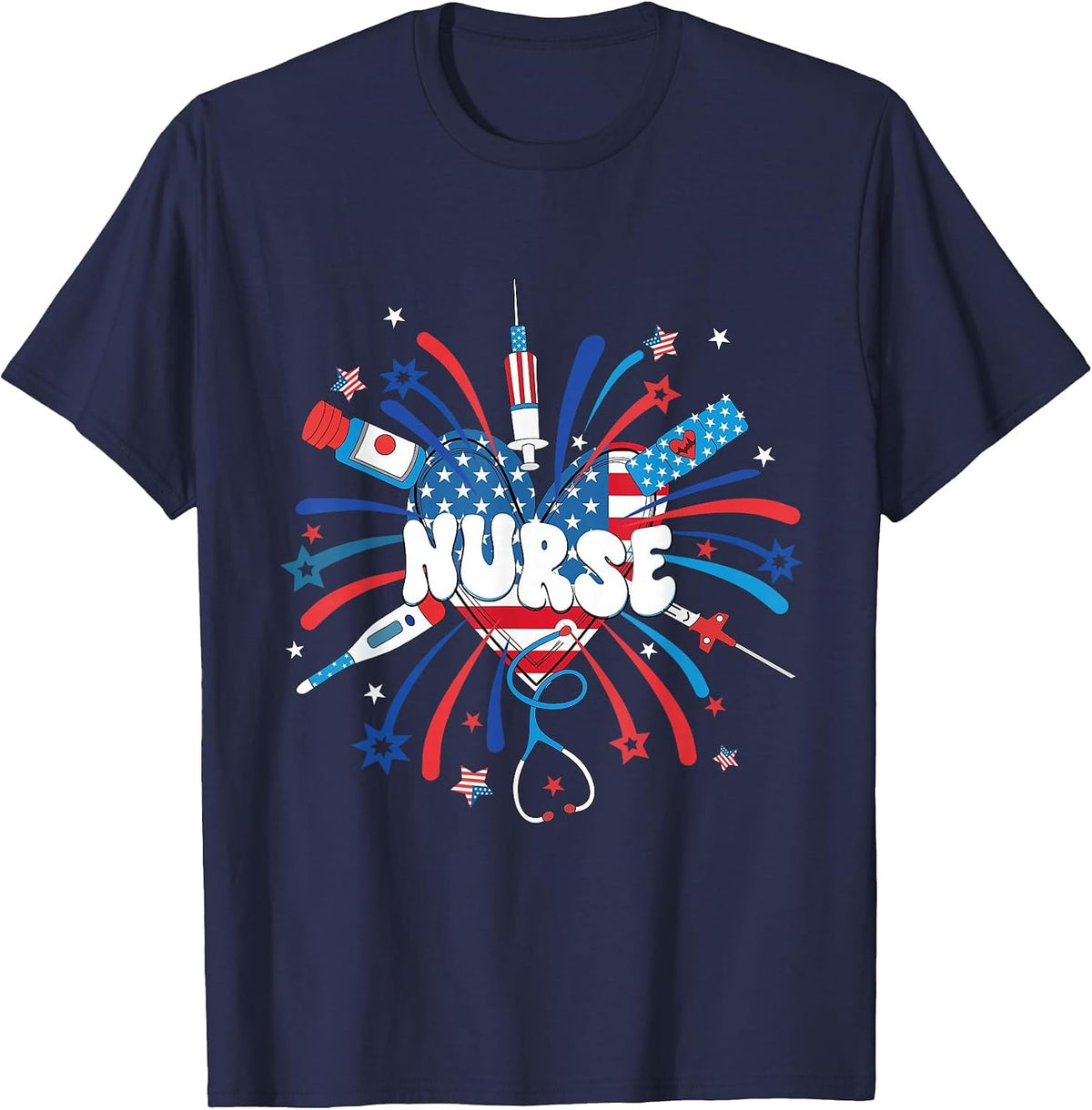 Firework 4th of July Nurse Independence Day Girly Nurse ICU T-Shirt - Navy Blue