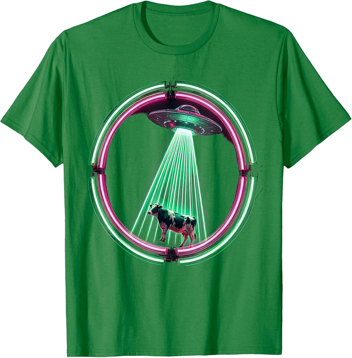 Men's Alien Cow Abduction Tractor Beam UFO Design T-Shirt - Kelly Green