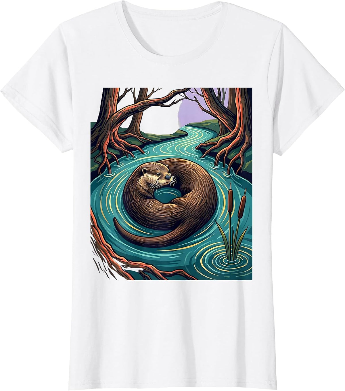 Women's River Otter Woodland Stream Nature Lover Retro T-Shirt - White