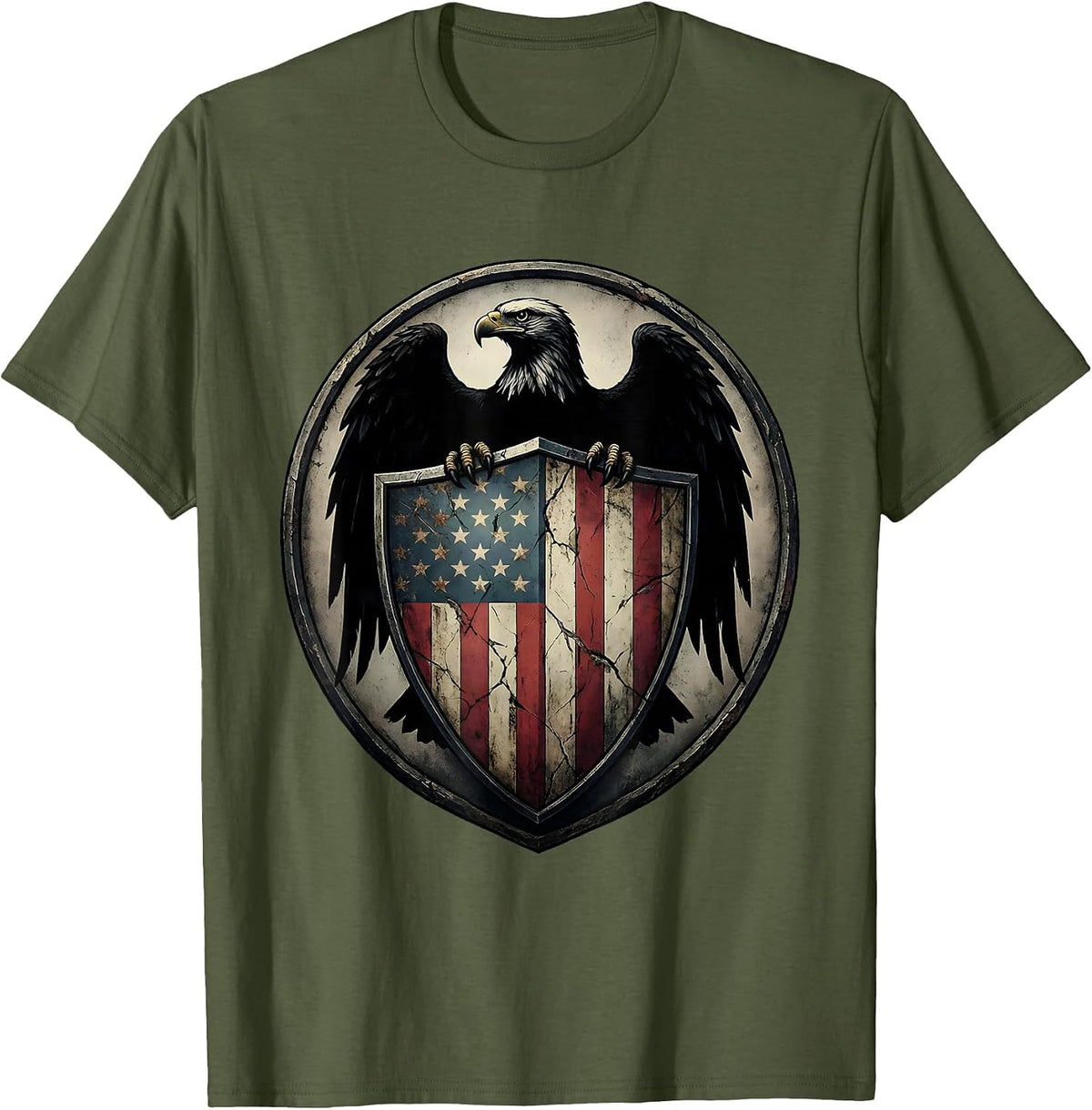 Men's Bald Eagle American Flag Shield Crest T-Shirt - Olive Green