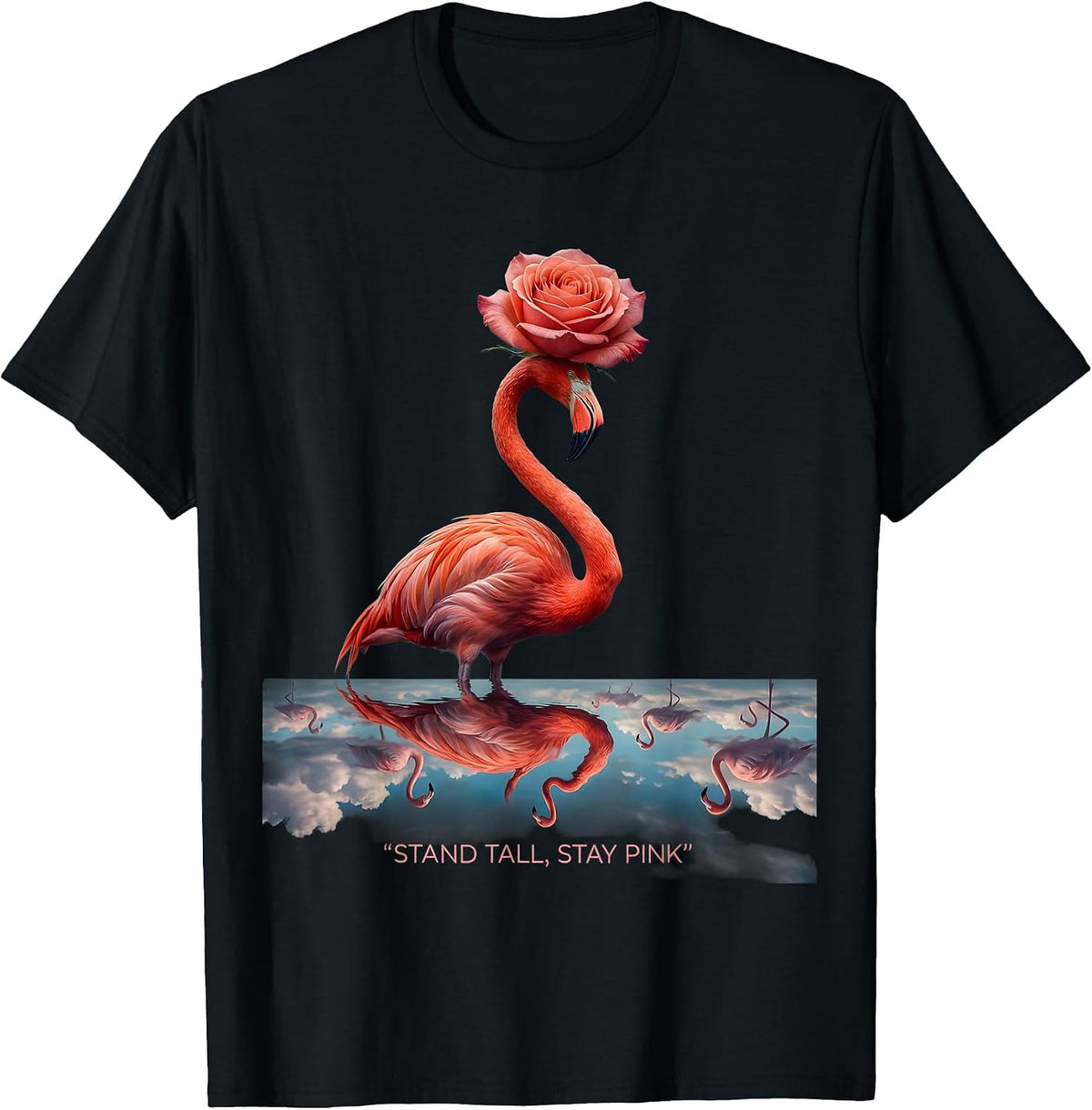 Men's Stand Tall Stay Pink Flamingo Design T-Shirt - Black