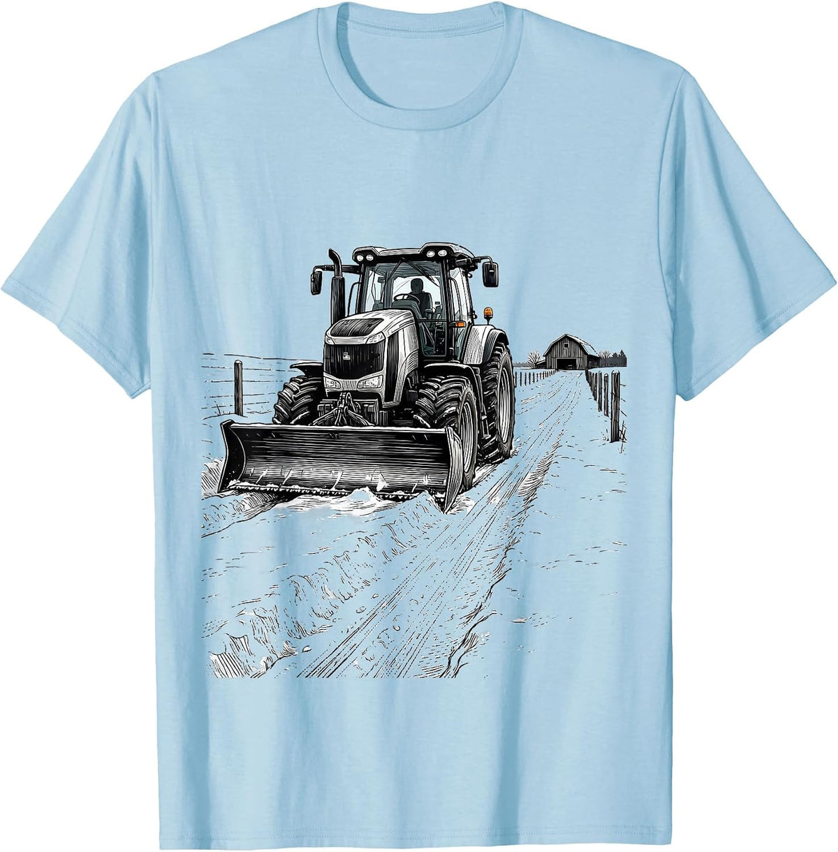 Men's Farm Tractor Pushing Snow Rural Life Humor T-Shirt - Baby Blue