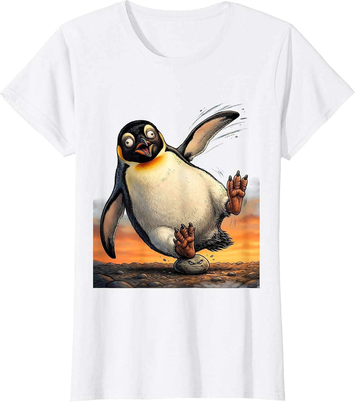 Derpy Penguin Tripping Over a Pebble T-Shirt - White