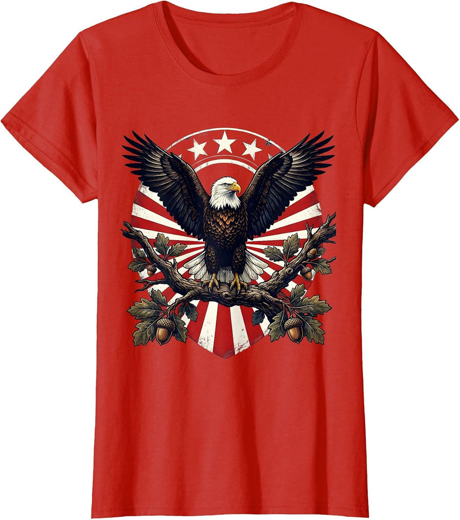 Women's Bald Eagle Perched on Oak Branch Illustration T-Shirt - Red