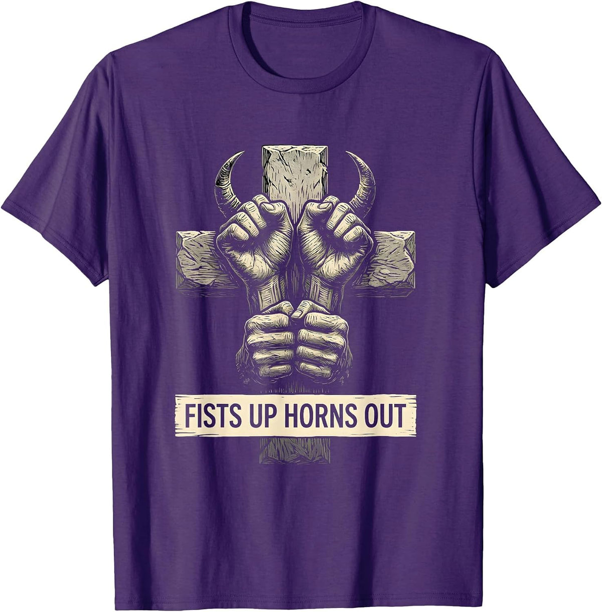 Fists Up Horns Out Metal Band Graphic Design T-Shirt - Purple
