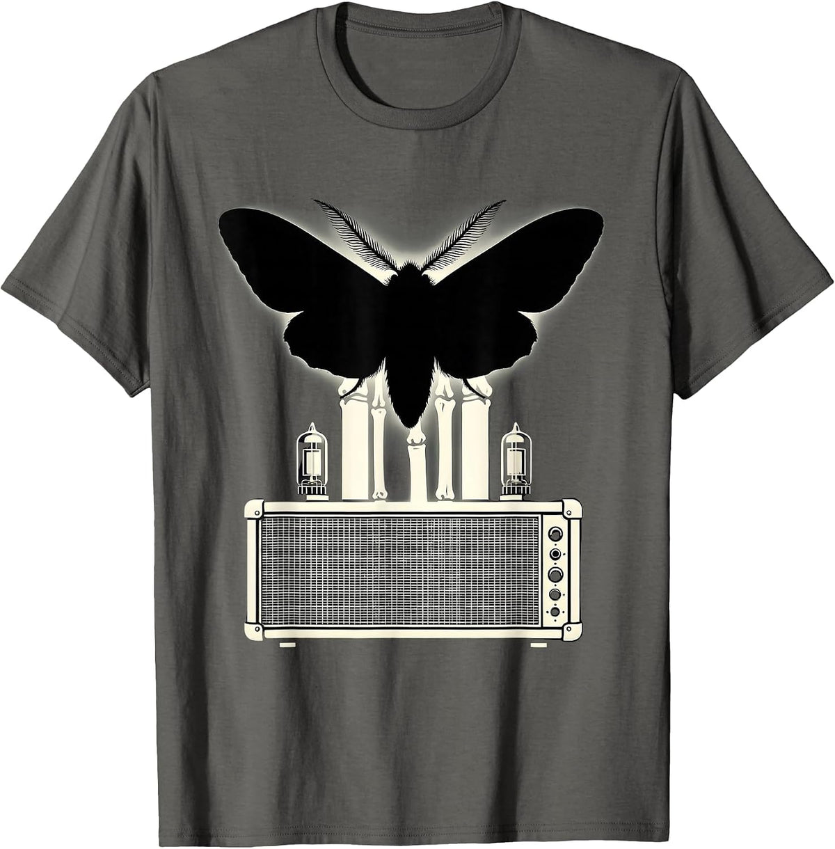 Moth and Glowing Vacuum Tube Amp Rock Art T-Shirt - Asphalt Grey