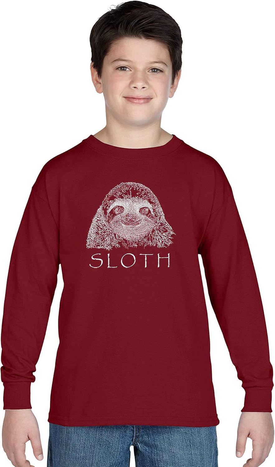 LA POP ART Boy's Word Art Long Sleeve - Sloth - Maroon
