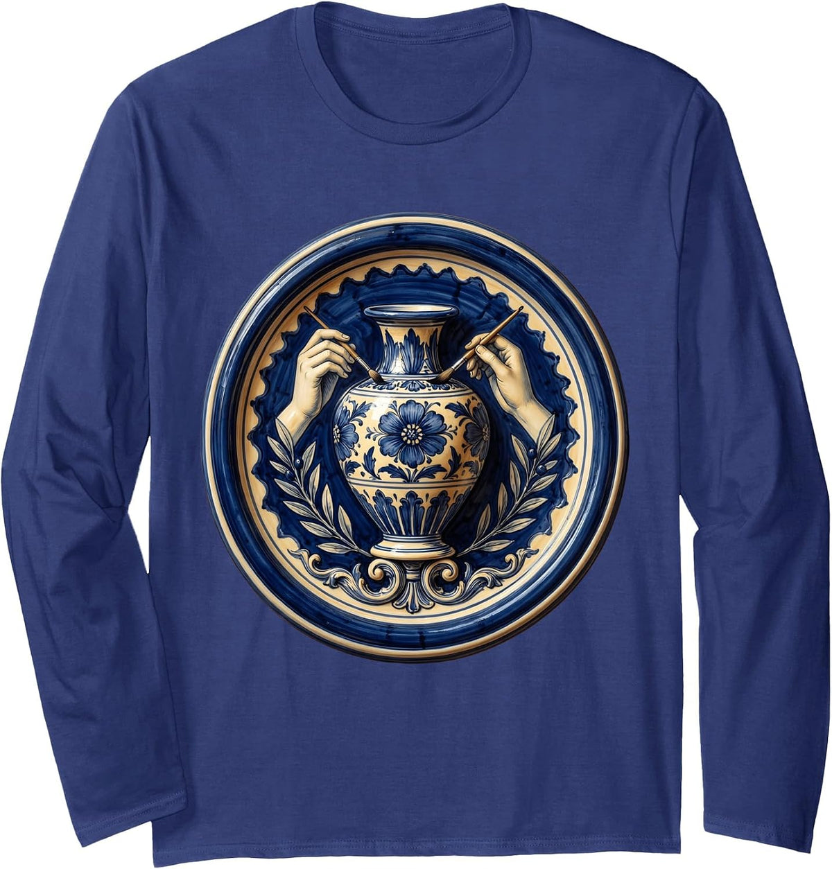 Sicilian Pottery Painter Italian Ceramic Art Long Sleeve T-Shirt - Adult Unisex Navy Blue