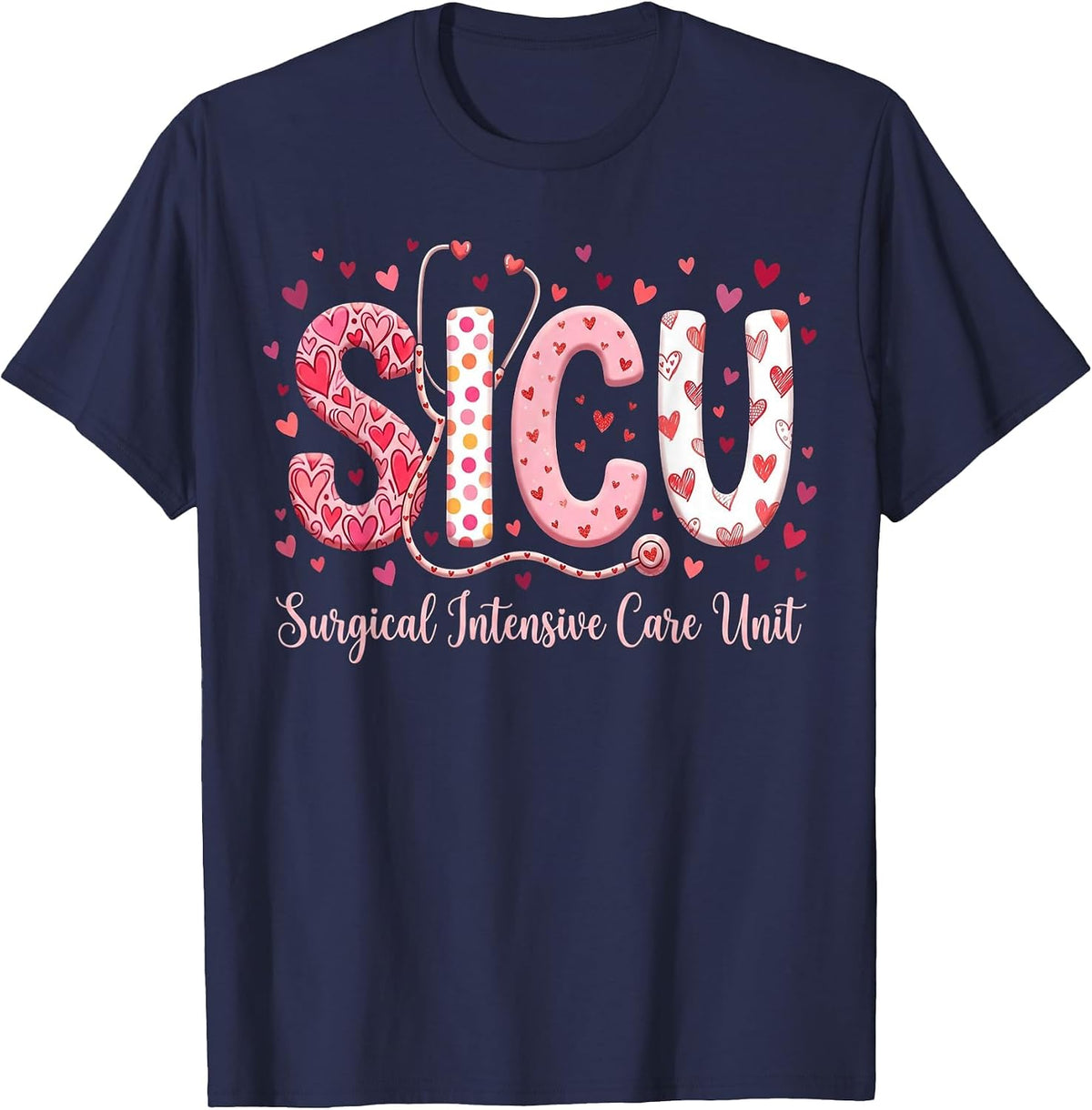 Heart Surgical Intensive Care Unit Valentines SICU Nurse T-Shirt - Navy Blue
