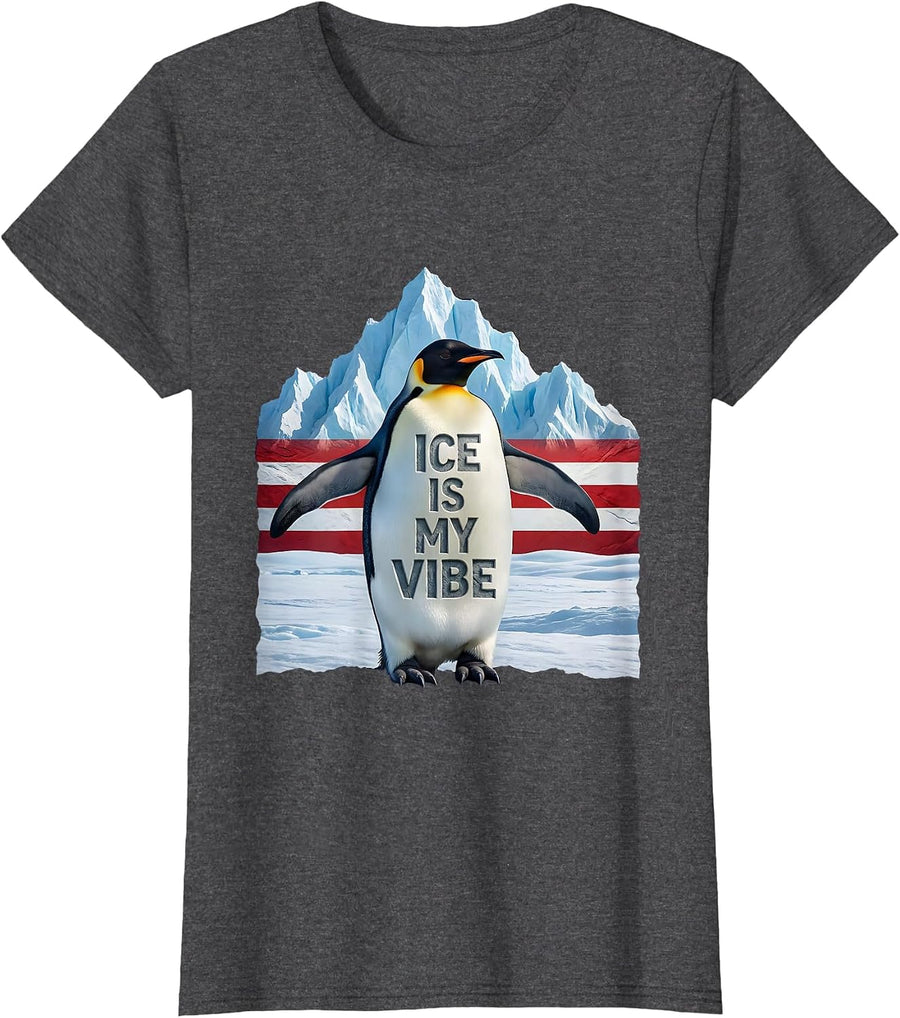Women's Ice Is My Vibe Cool Penguin Design T-Shirt - Dark Heather Grey
