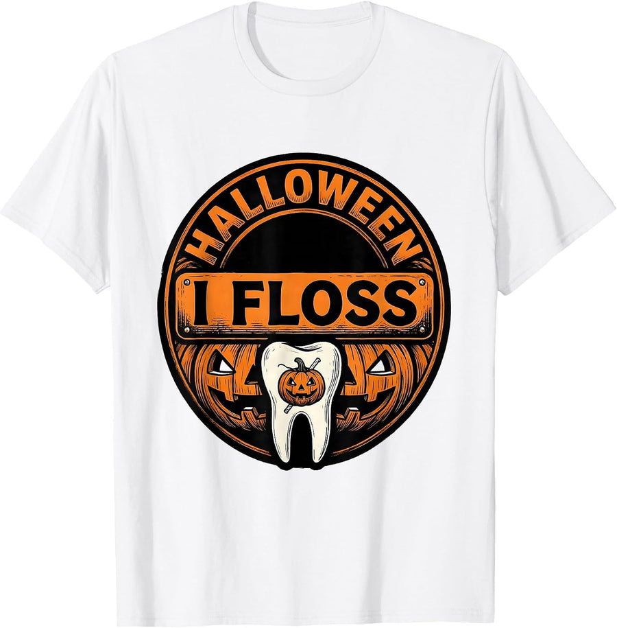 Men's Halloween, I Floss Funny Dental Hygienist Dental Team Humor T-Shirt - White