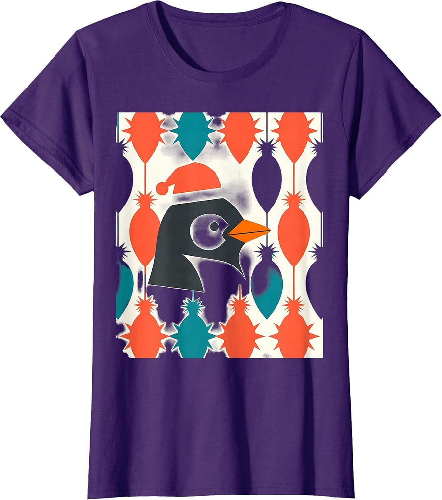 Women's Penguin Santa Hat Midcentury Modern Christmas Animal Lover T-Shirt - Purple