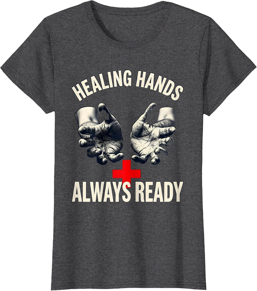 Women's Healing Hands Always Ready Nurse Design T-Shirt - Dark Heather Grey