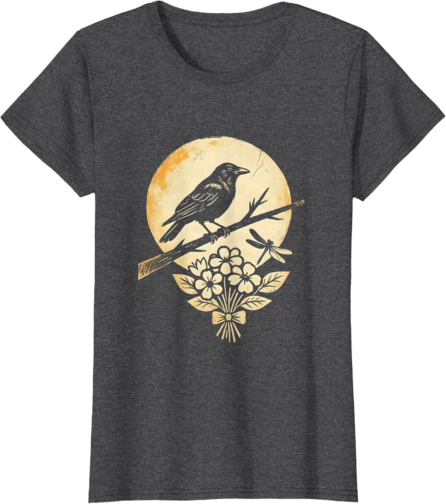 Women's Crow on Bare Branch Harvest Moon Autumn Design T-Shirt - Dark Heather Grey