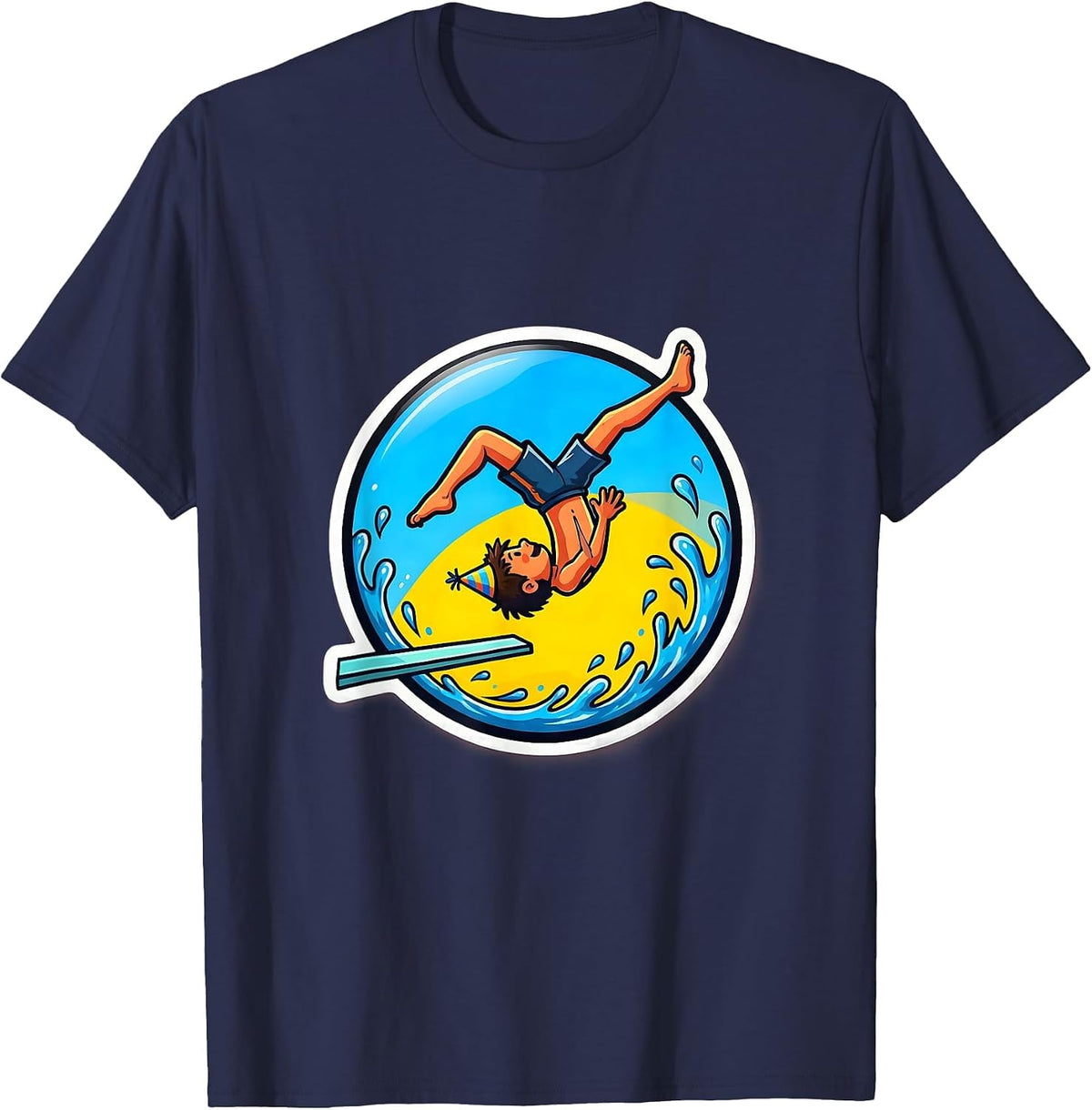 Birthday Boy Diving Board Backflip Illustration T-Shirt - Navy Blue