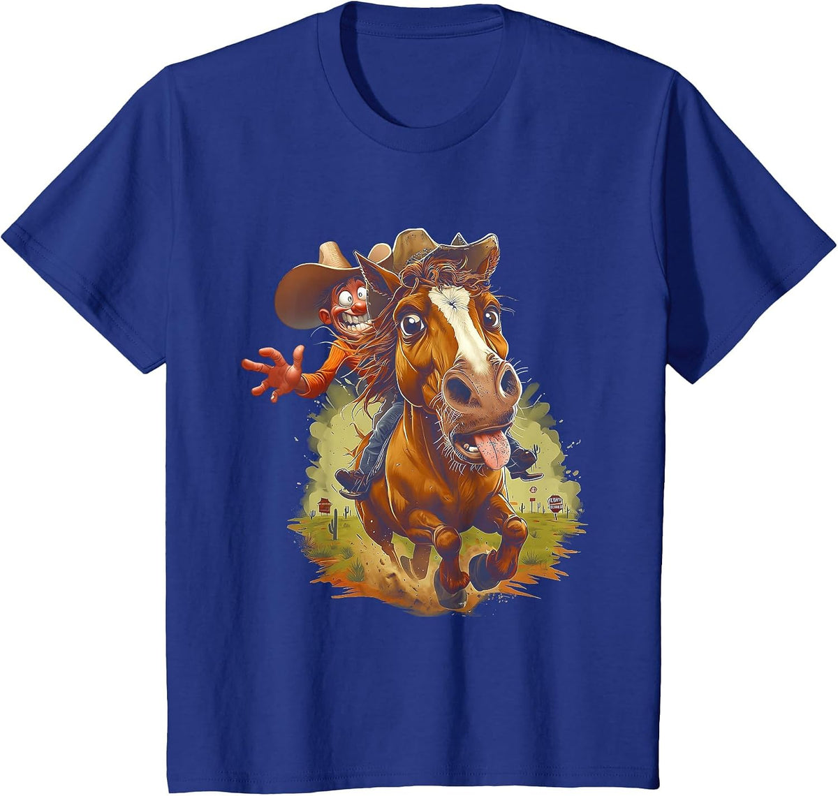 Comic Cartoon Style Western Cowboy Riding Horse Tongue Out T-Shirt - Royal Blue