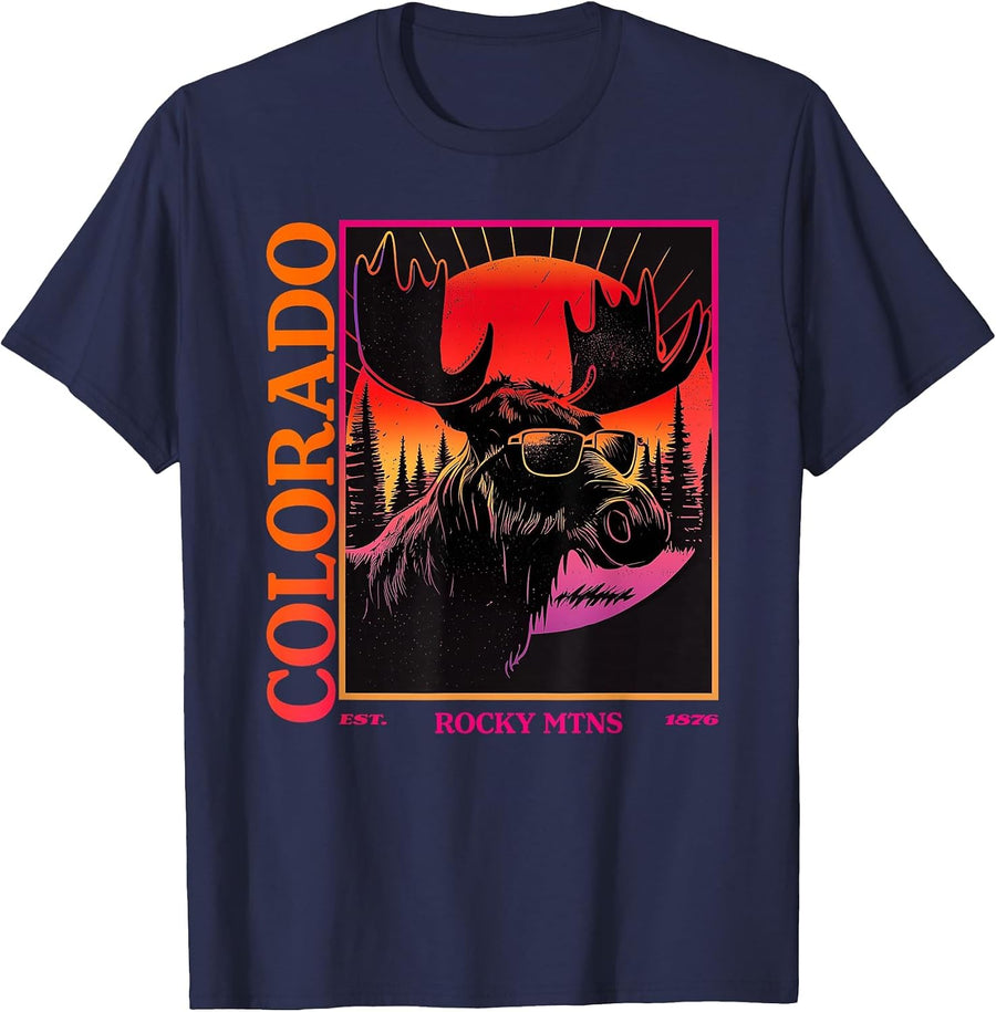 Colorado Mountain Moose Retro Vintage 80s Elk Colorado T-Shirt - Navy Blue