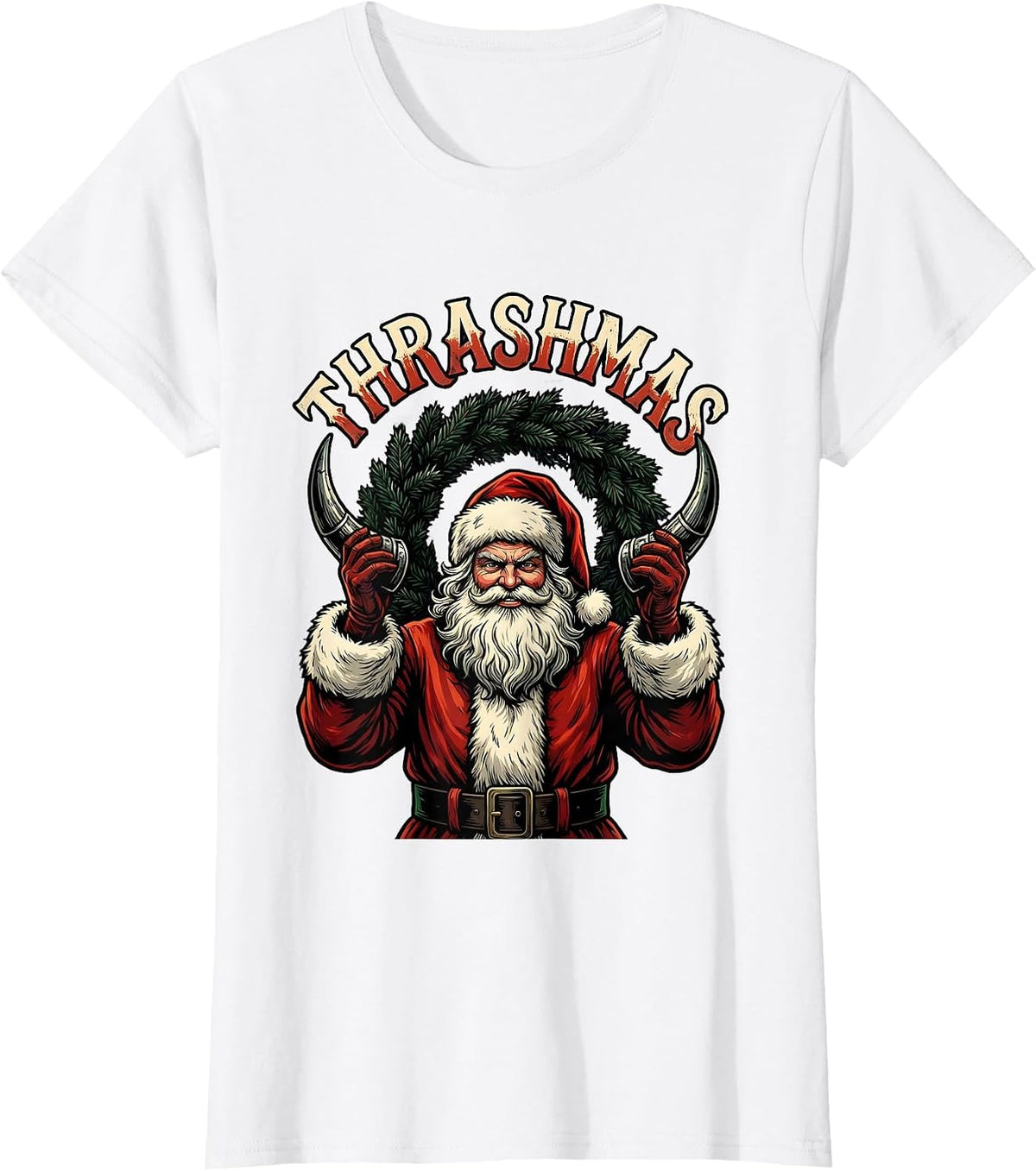 Thrashmas Tattoo Heavy Metal Santa Claus Rock On Funny T-Shirt - White