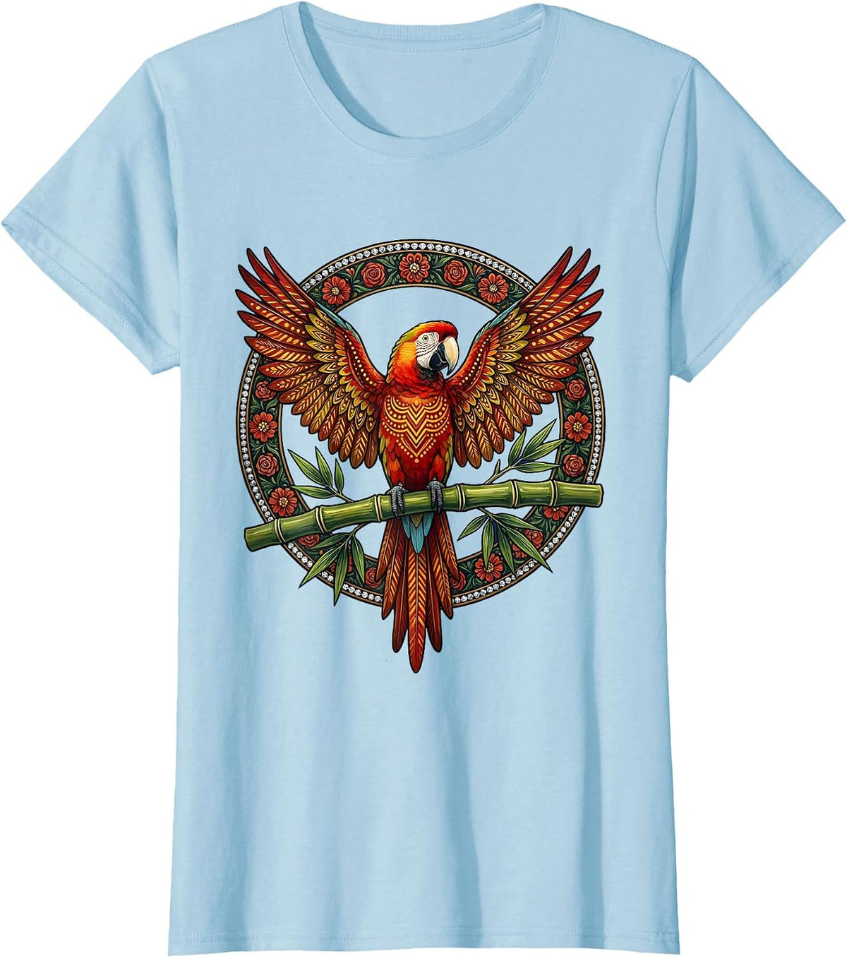 Women's Tropical Parrot on Bamboo Aloha Design T-Shirt - Baby Blue