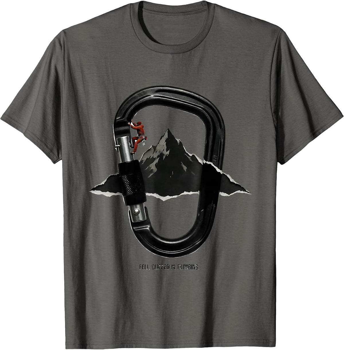 Fell. Clipped In. Climbing. Funny Rock Climber Bouldering T-Shirt - Asphalt Grey