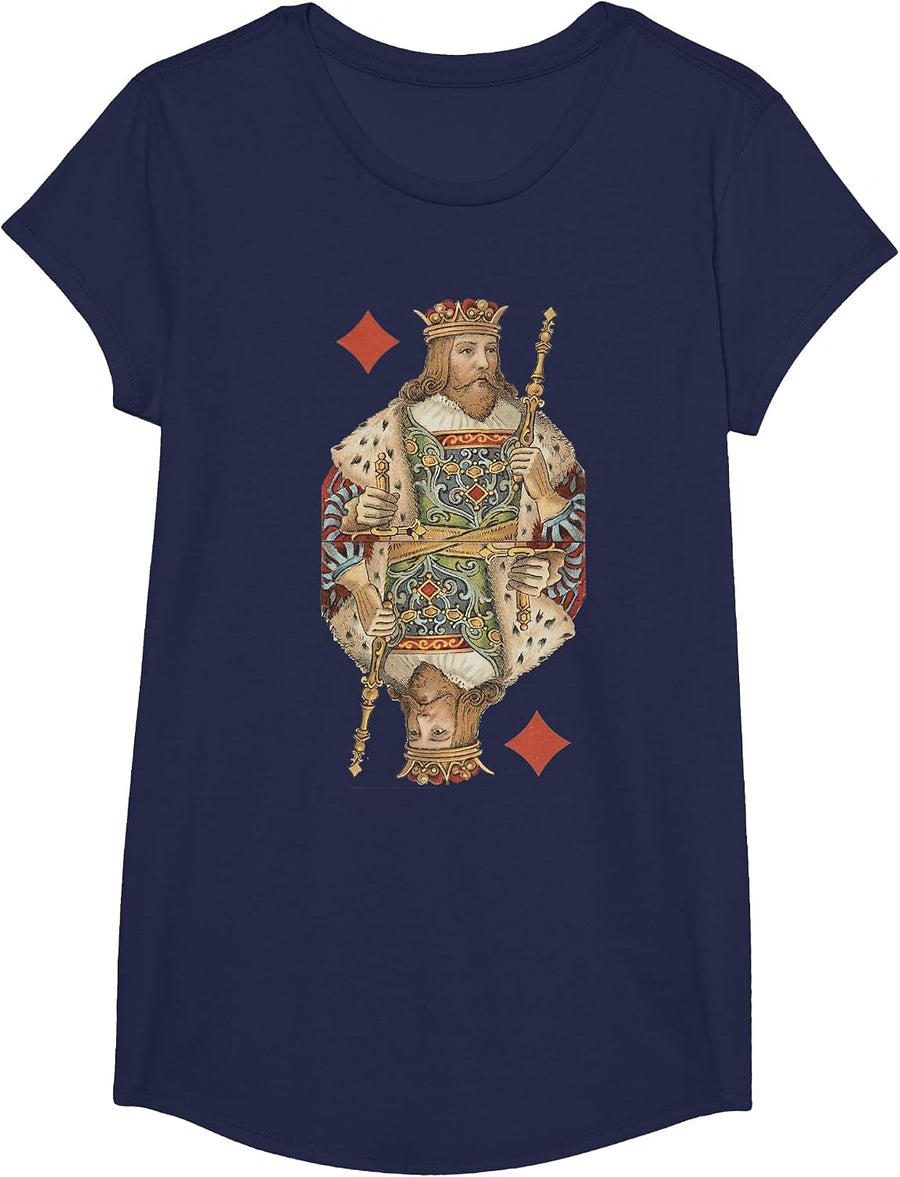 King of Diamonds Antique Art Nouveau Playing Card Art T-Shirt, Girls, Navy Blue, Medium - As Pictured