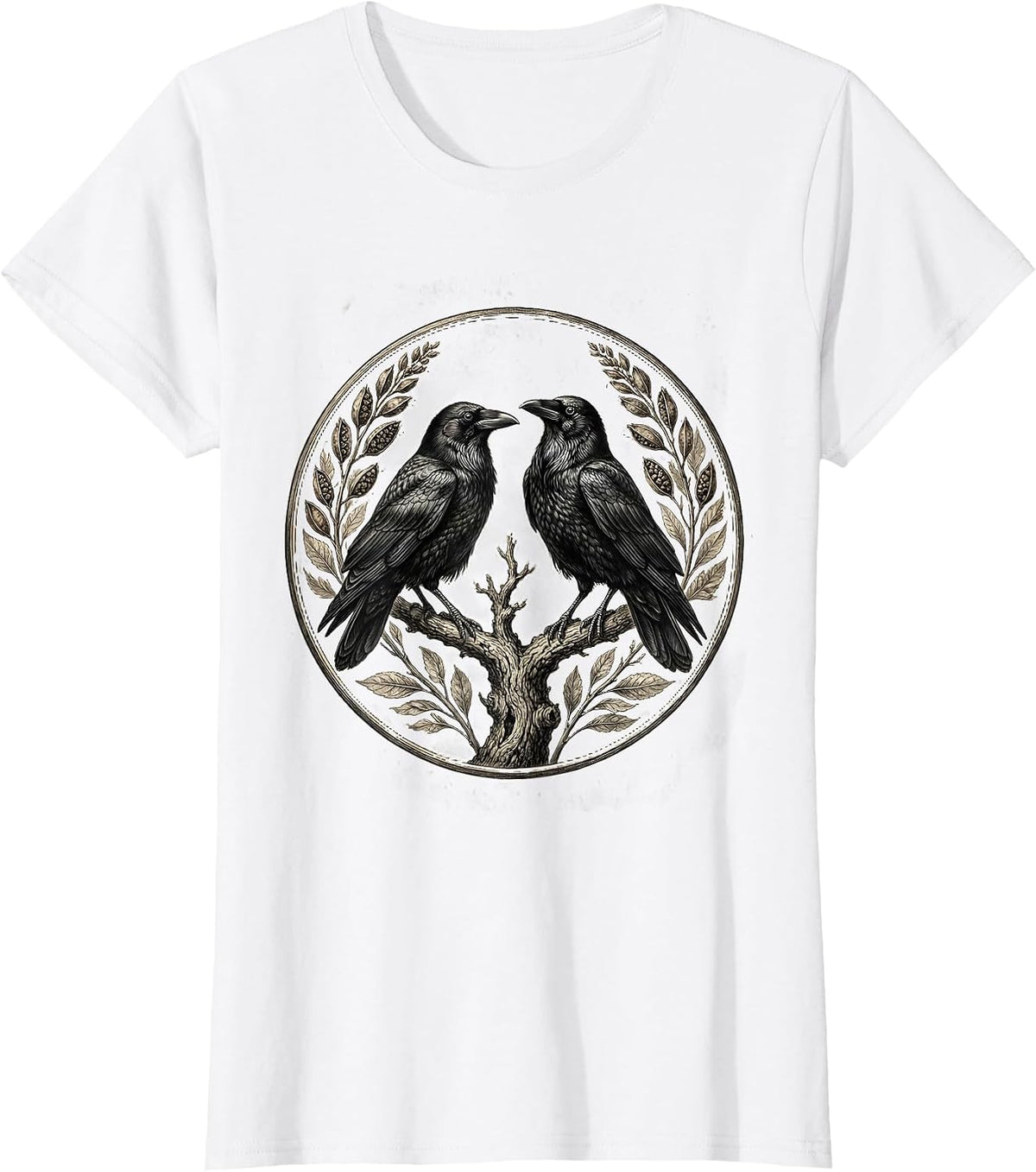 Two Crows on a Branch Face-to-Face Design T-Shirt - White