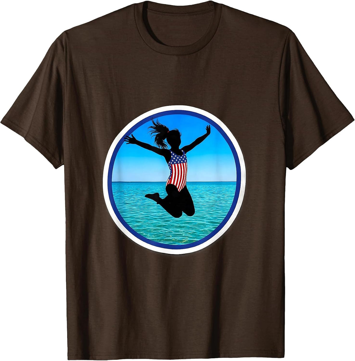 Stars and Stripes Lake Jump Patriotic Design T-Shirt - Brown