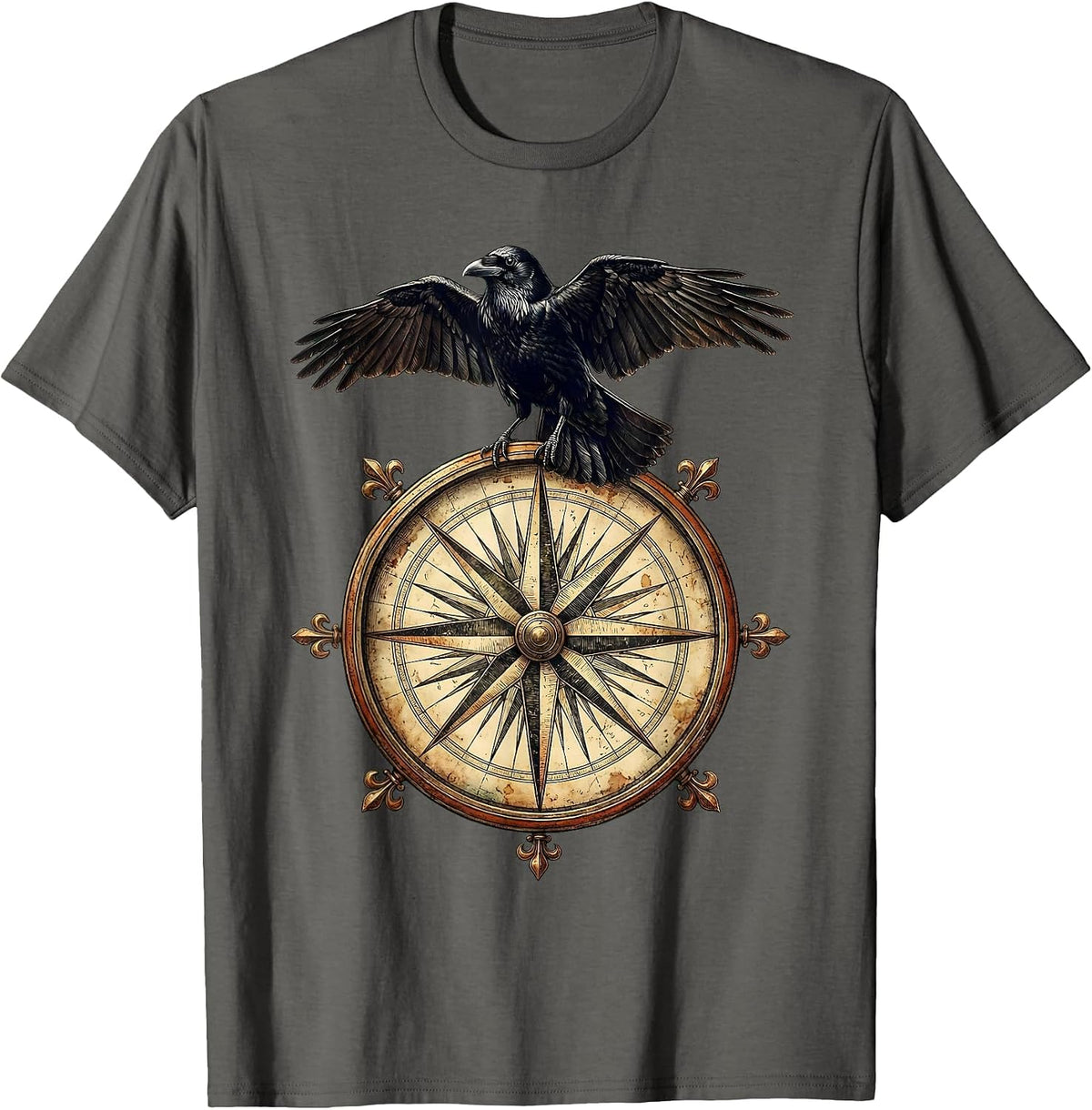 Crow Perched on Vintage Compass Rose T-Shirt - Asphalt Grey
