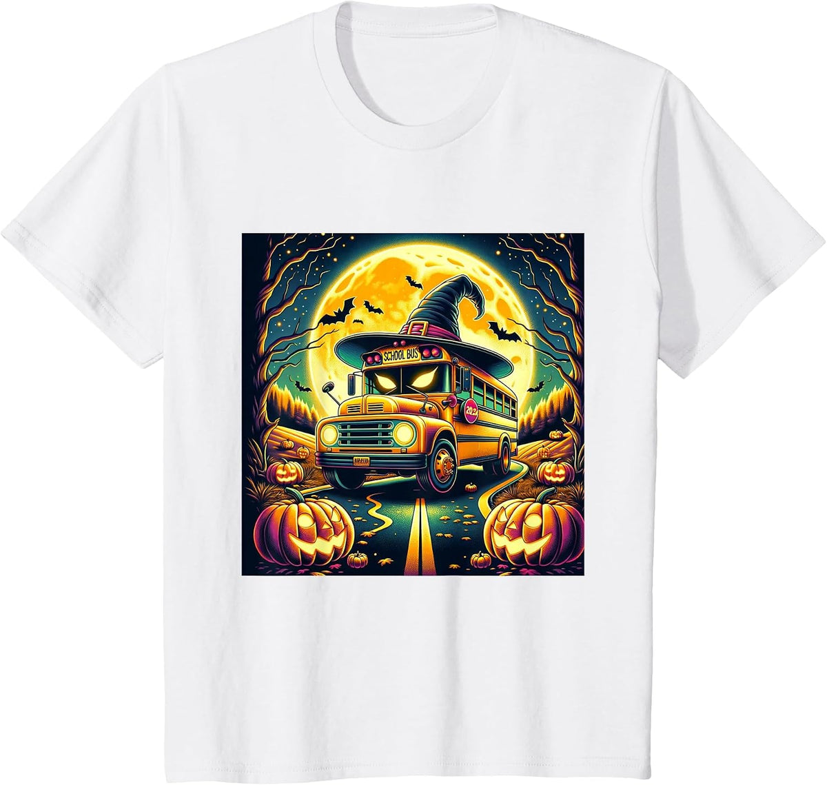 Vintage Halloween School Bus Witch Hat and Pumpkins Spooky T-Shirt - White