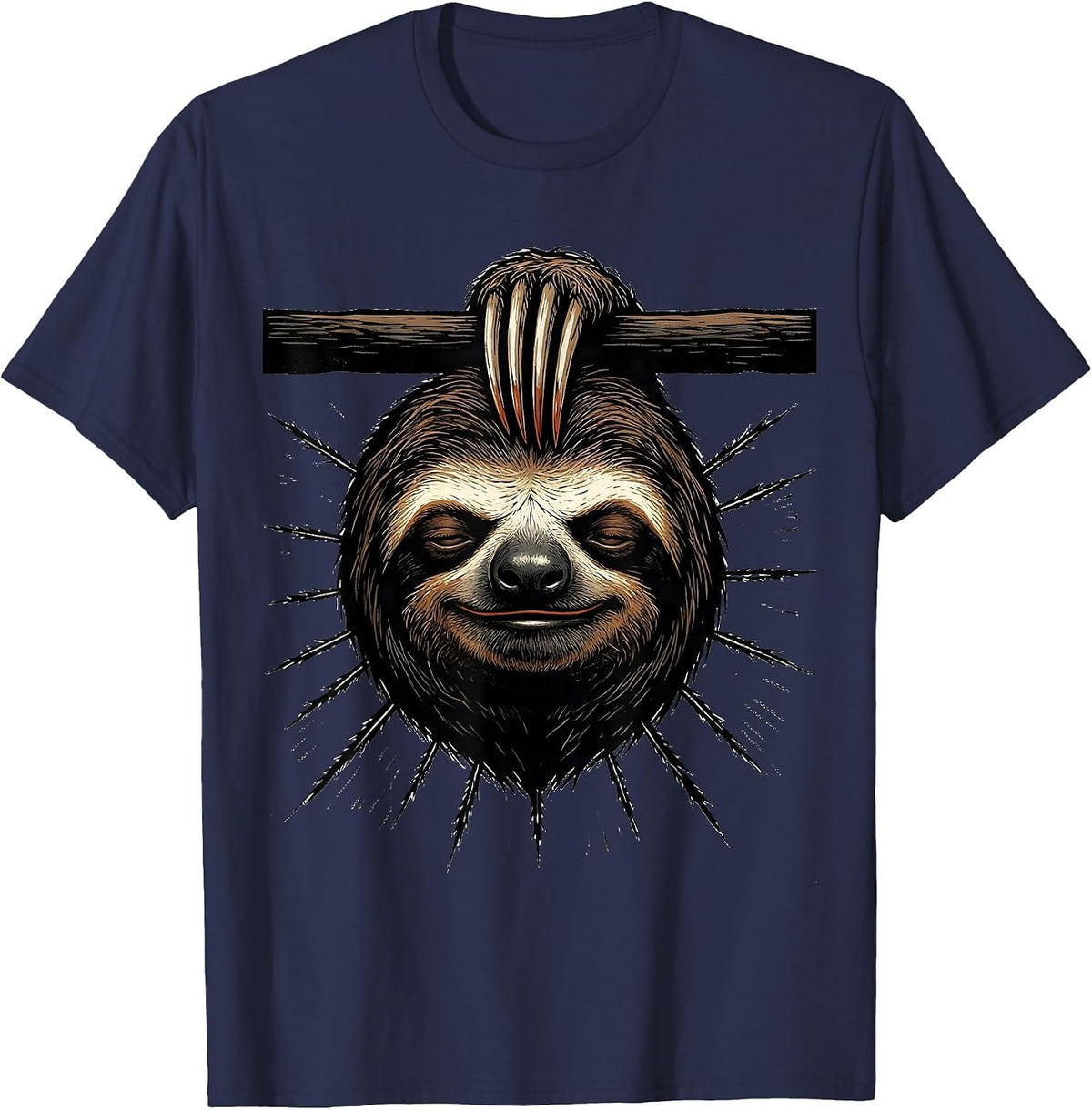Men's Oversized Sloth Linocut Funny Animal Lover Humor T-Shirt - Navy Blue