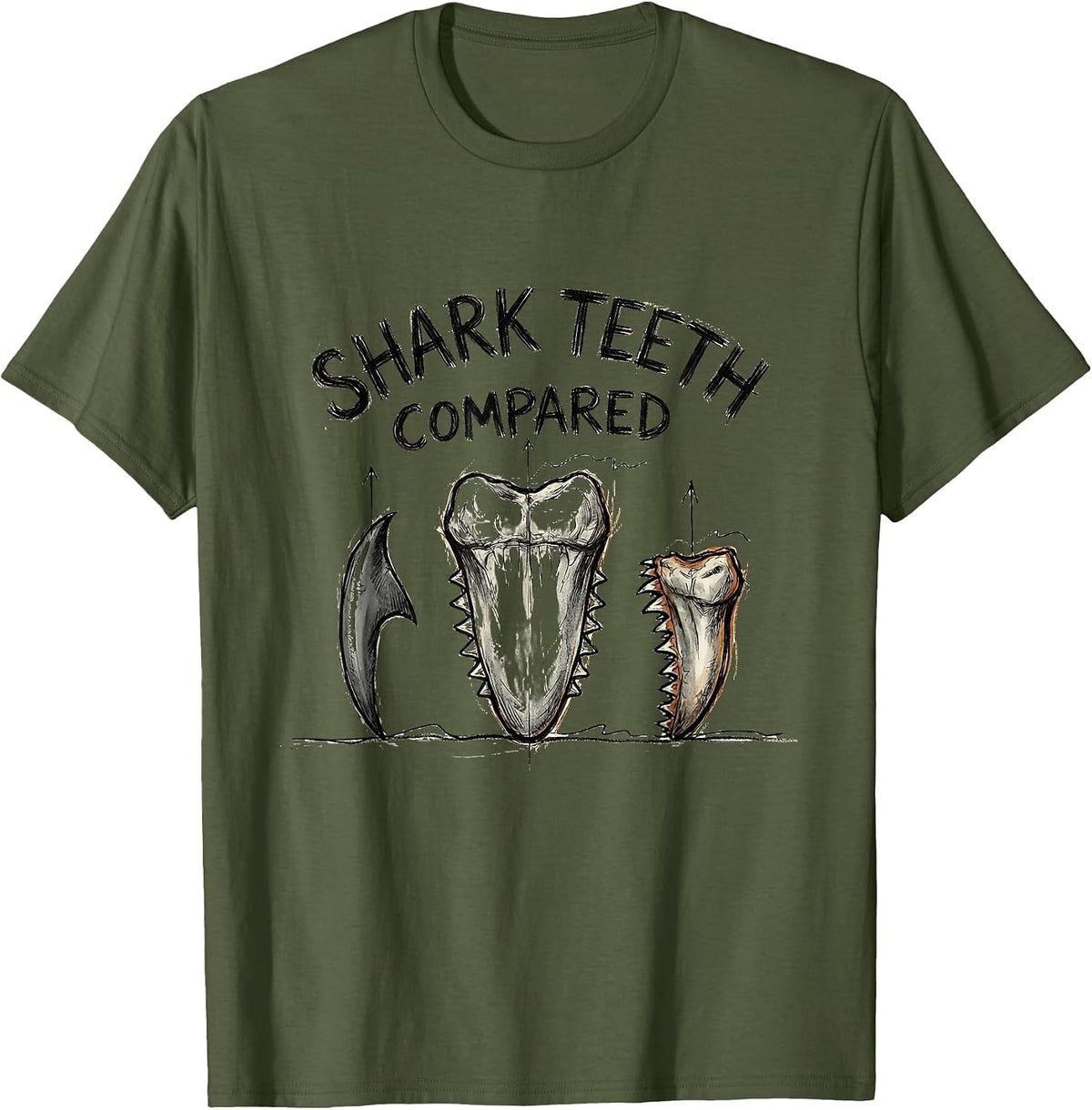 Shark Teeth Compared Hand Sketched Marine Biology Humor T-Shirt - Olive Green