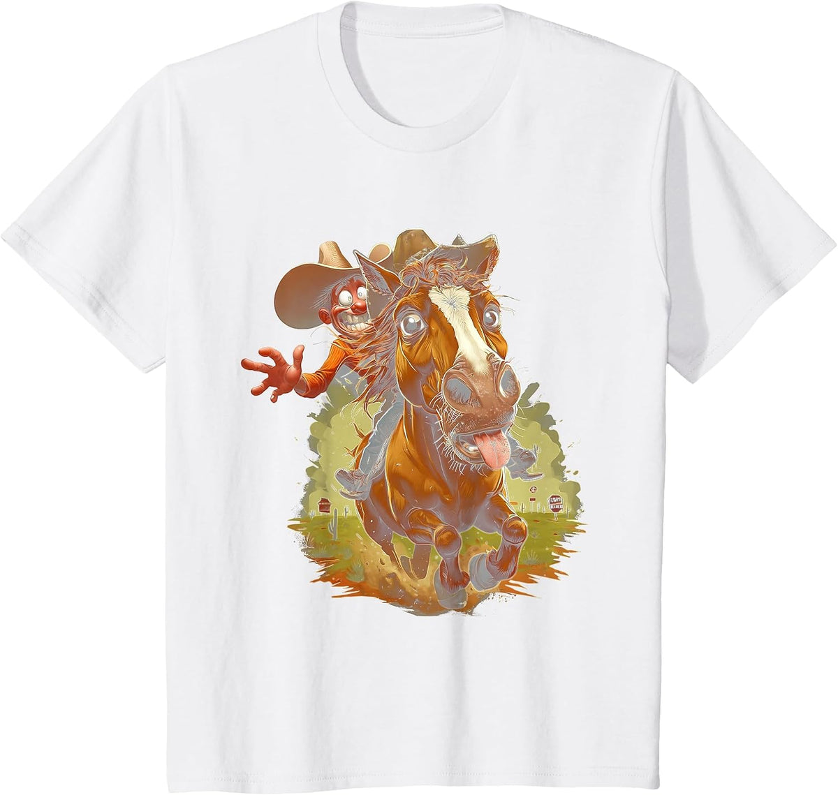 Comic Cartoon Style Western Cowboy Riding Horse Tongue Out T-Shirt - White