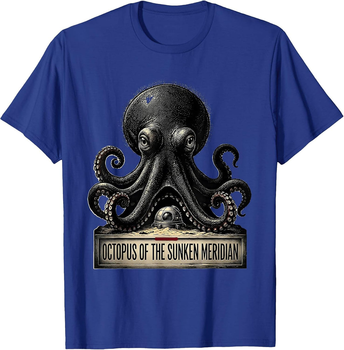 Men's Octopus of the Sunken Meridian Blackwork Dotwork Ocean T-Shirt - Royal Blue