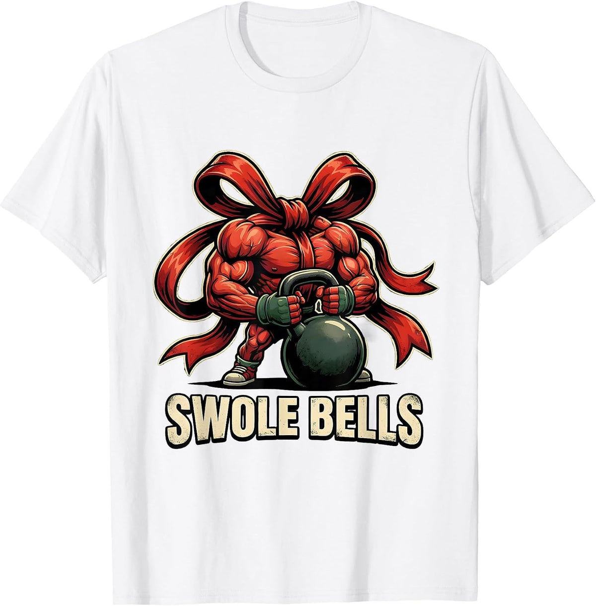 Men's Swole Bells Distressed Funny Christmas Gym Weightlifting T-Shirt - White
