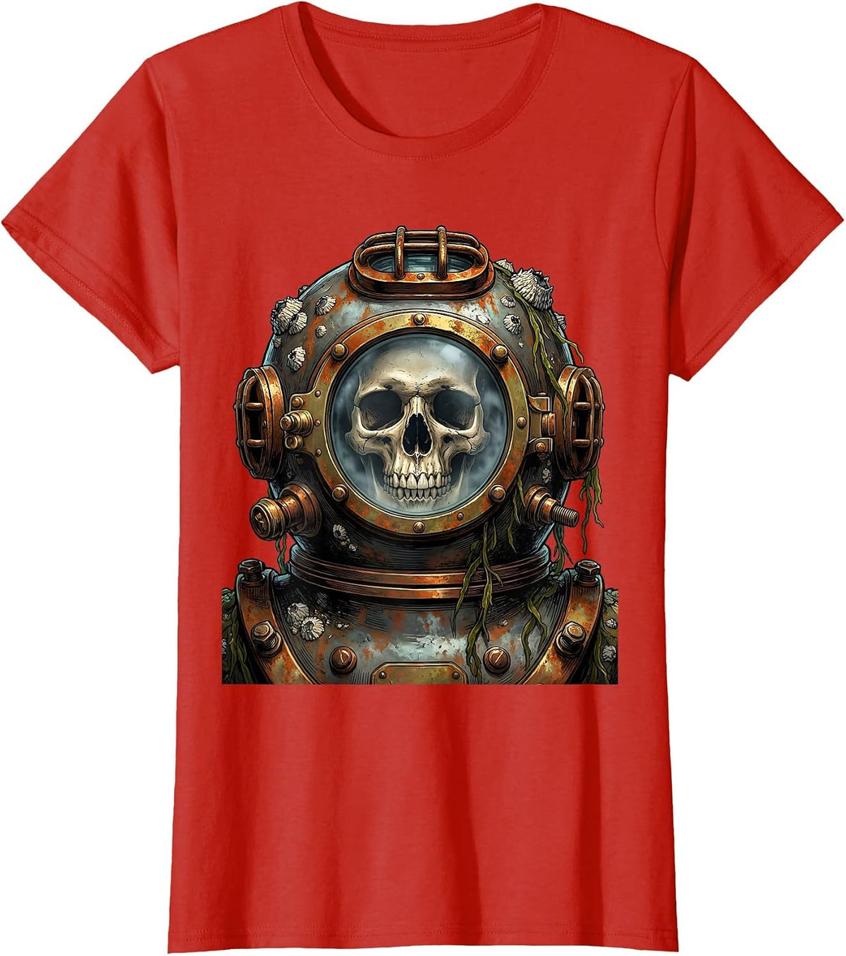 Skull in Vintage Deep Sea Diving Helmet T-Shirt - Red