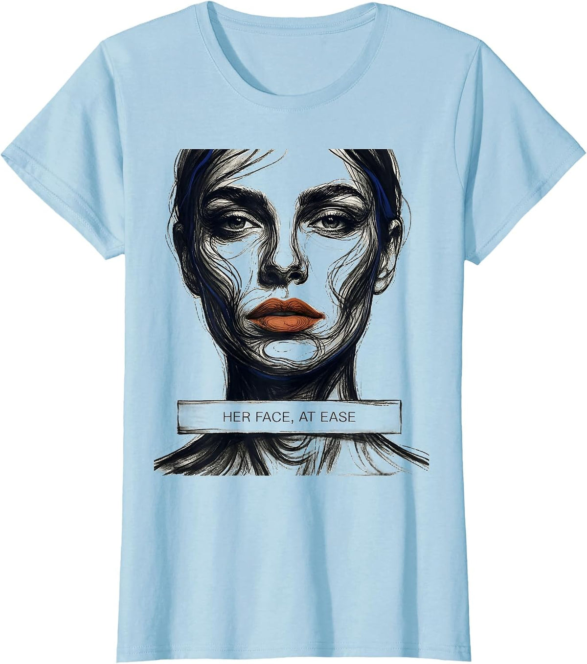 Her Face At Ease Abstract Fashion Designer Artwork T-Shirt - Baby Blue