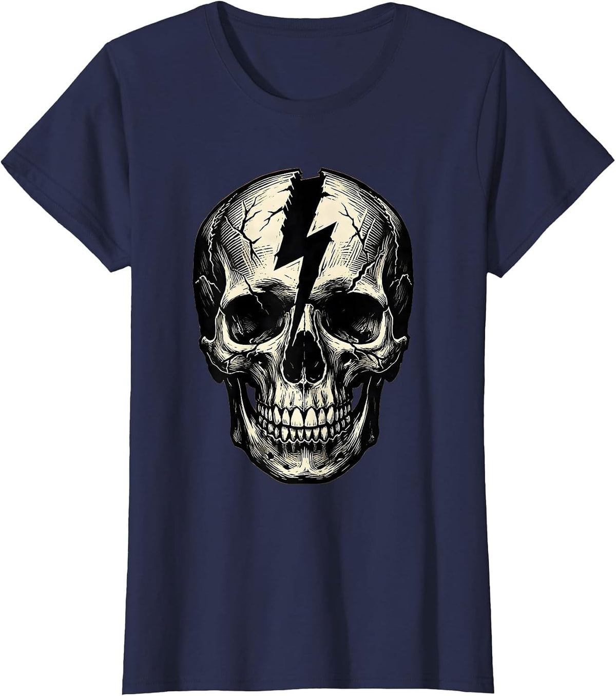 Women's Cracked Skull Lightning Bolt Split Graphic T-Shirt - Navy Blue