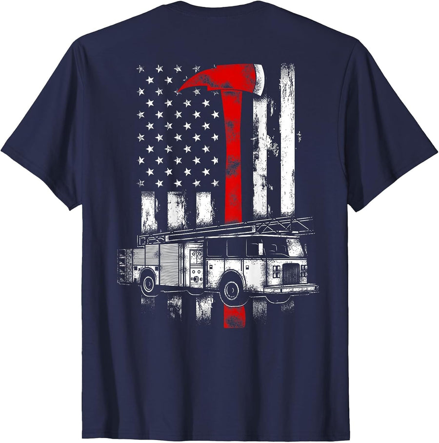 American Firefighter Fire Truck red Axe Flag T-Shirt - Navy Blue