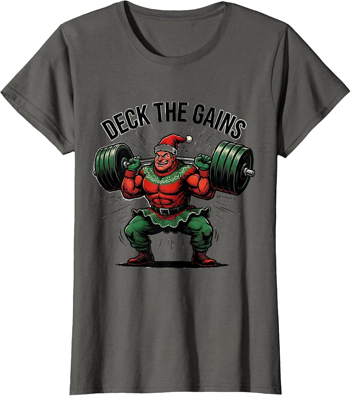 Women's Deck The Gains Funny Comic Book Christmas Gym Weightlifting T-Shirt - Asphalt Grey