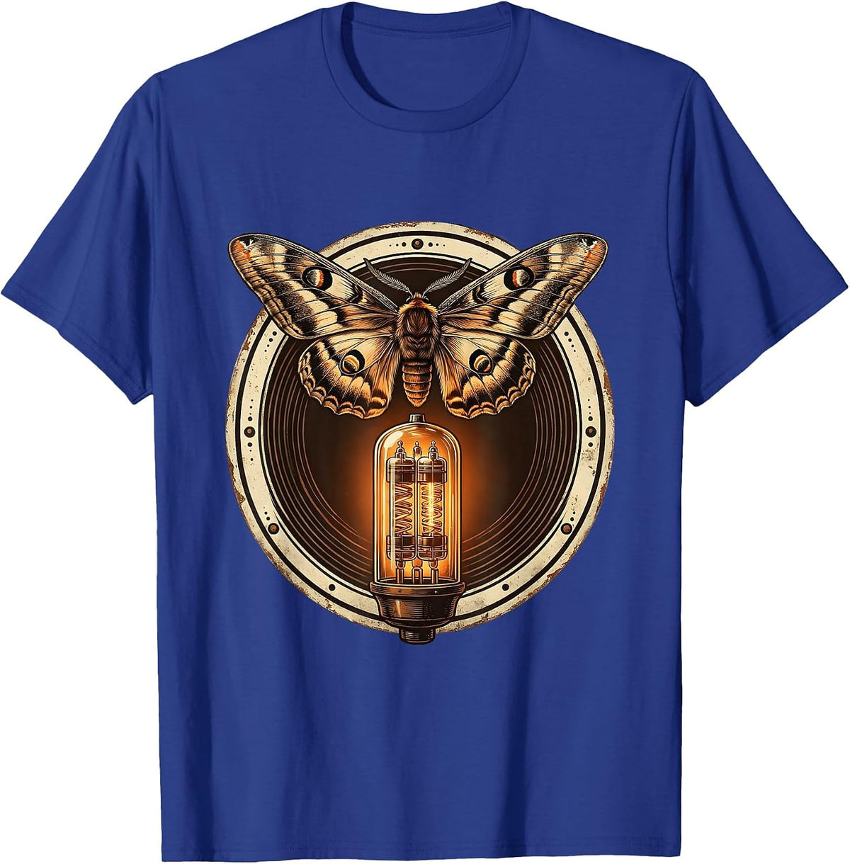 Moth and Vacuum Tube Amp Glow Rock Graphic T-Shirt - Royal Blue