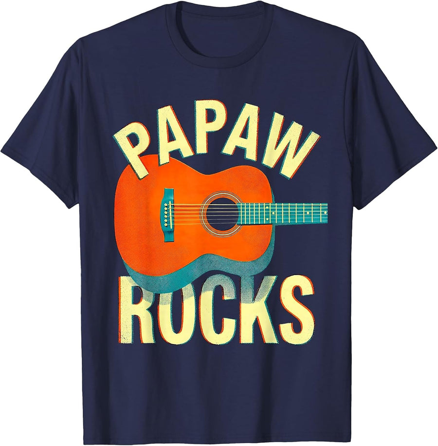 Papaw Rocks Risograph Grandpa Guitarist Rock Music Pun Gift T-Shirt - Navy Blue