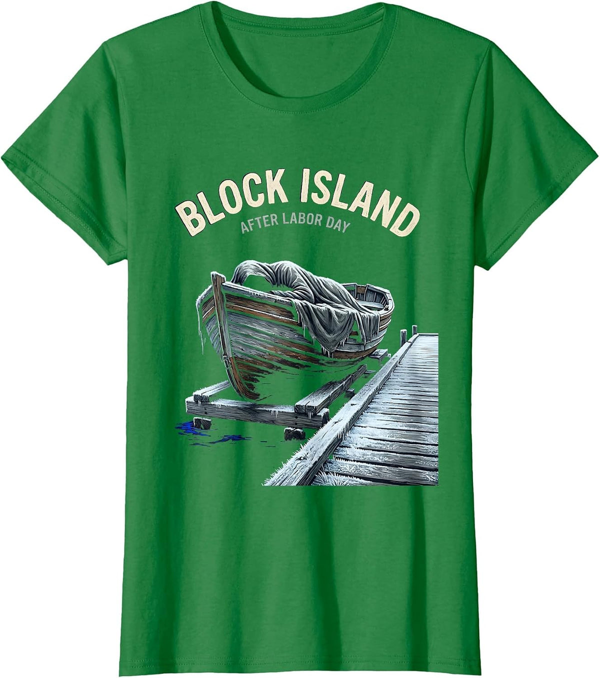 Women's Block Island After Labor Day Vintage Crossed Oars & Boat T-Shirt - Kelly Green