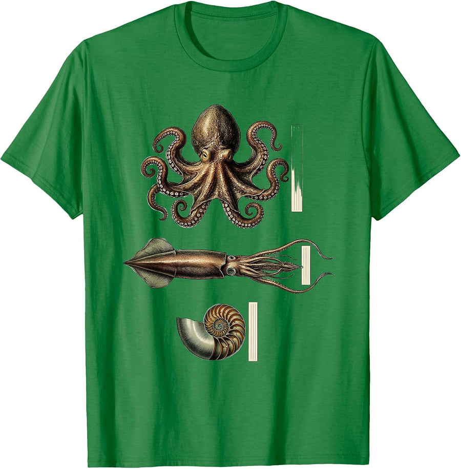 Men's Pressed Cephalopod Herbarium Specimen Octopus Squid Nautilus T-Shirt - Kelly Green