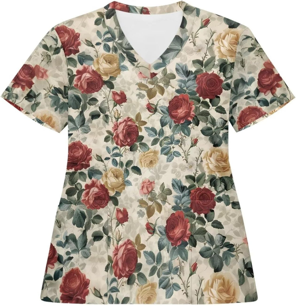 Womens Scrub Tops 2 Pockets V-Neck Nurse - Flowers